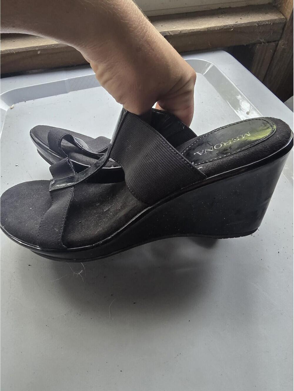 merona size 8.5 Black Leather & Fabric Platform, Wedge Sandals Heels []